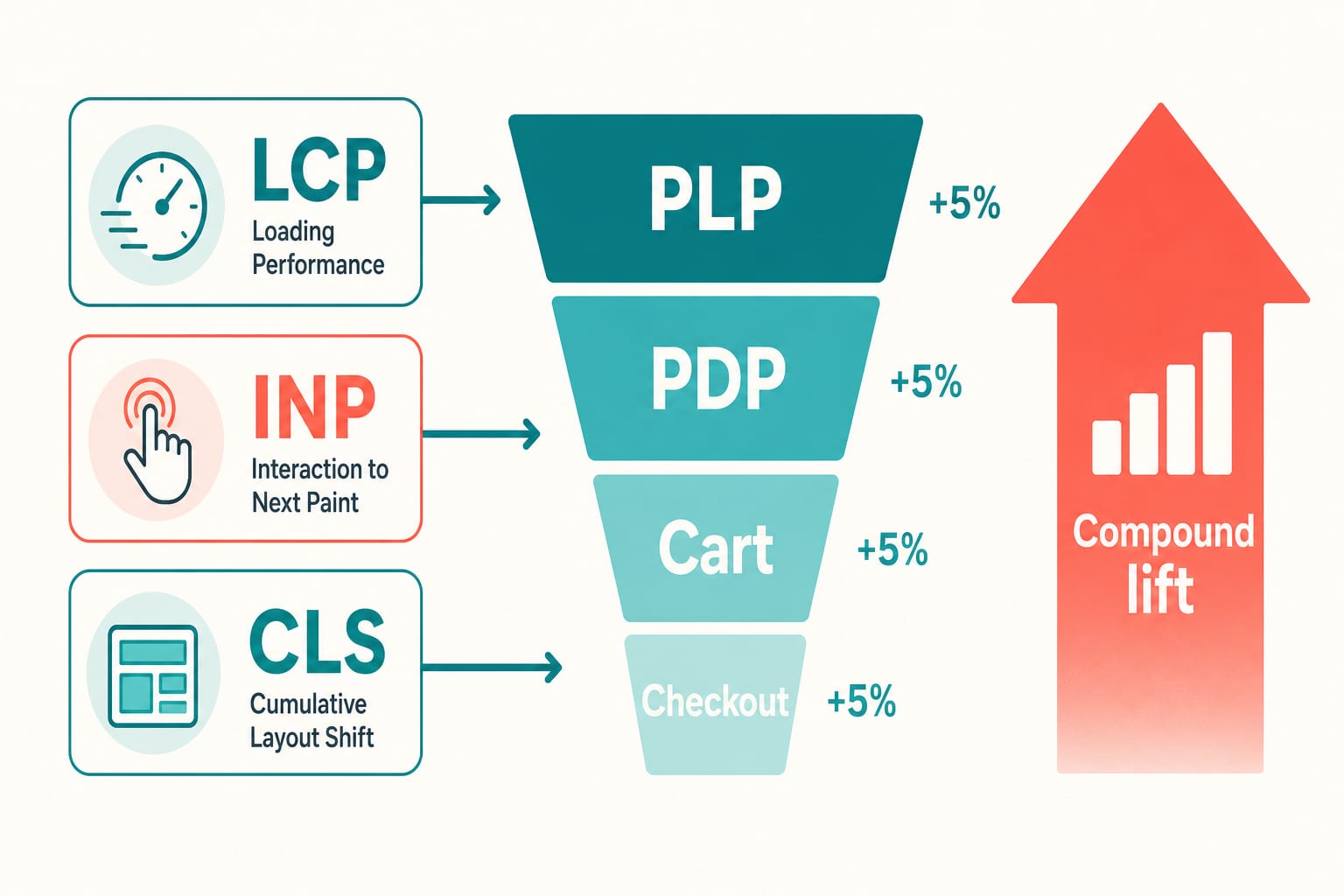 Diagram linking LCP INP and CLS to small per-stage gains that multiply across PLP PDP cart and checkout