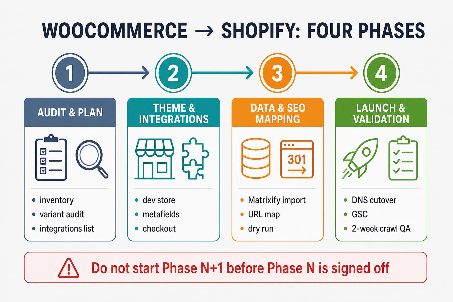 Four-phase WooCommerce to Shopify migration timeline: audit and plan, theme and integrations build, data migration with SEO mapping, then launch and two-week validation.