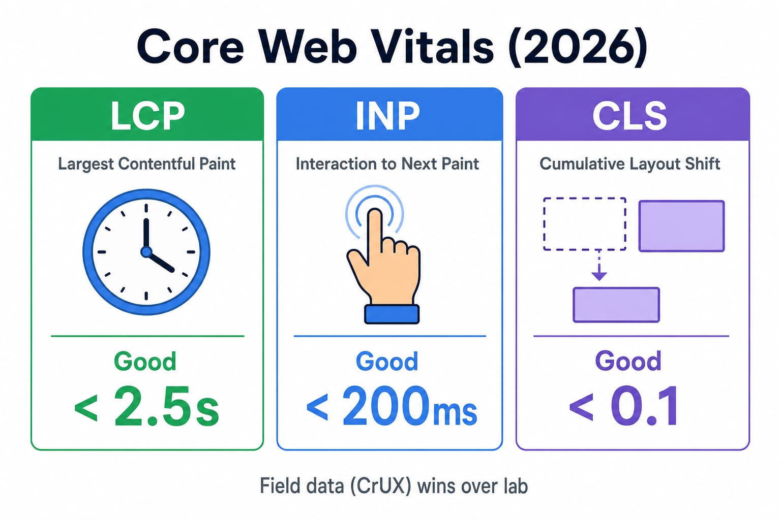 Summary of the three Core Web Vitals: LCP under 2.5 seconds, INP under 200 milliseconds, CLS under 0.1, with a reminder that field CrUX data should guide decisions.