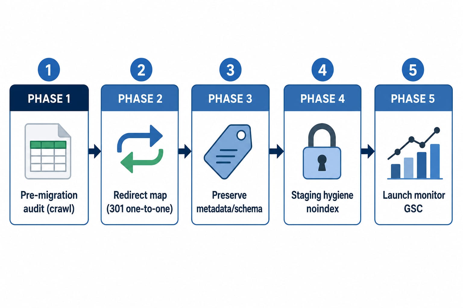 Five-phase Shopify migration SEO timeline: pre-migration crawl audit, one-to-one 301 redirect map, preserve titles and structured data, staging noindex hygiene, then launch with Search Console monitoring.