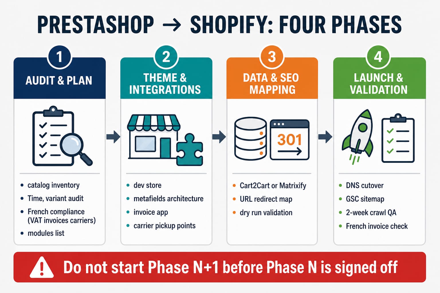 Four-phase PrestaShop to Shopify migration timeline: audit and plan with French compliance, theme and integrations build, data migration with SEO mapping, then launch and two-week validation.