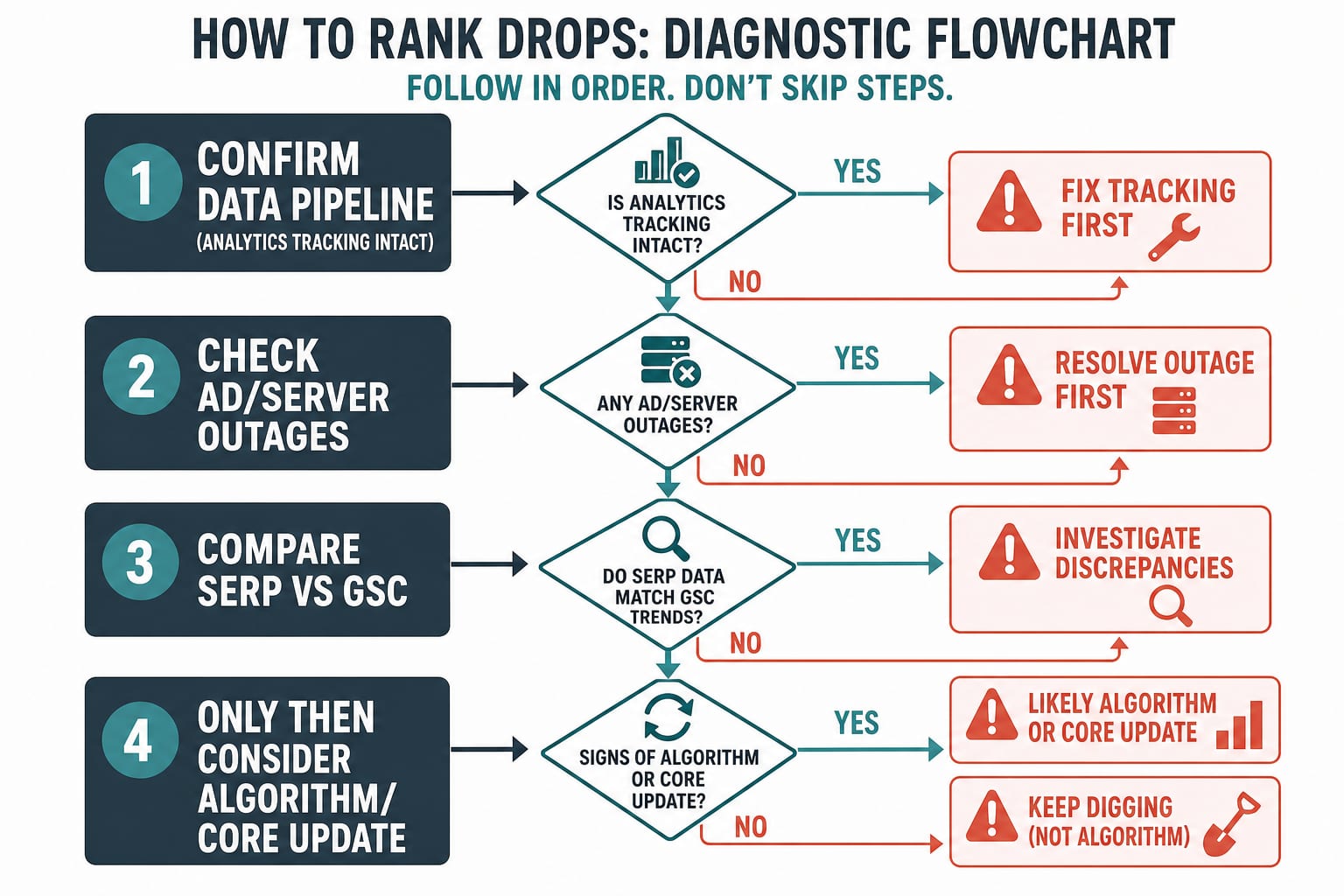Flux de diagnostic de volatilité des classements : analytics, pannes, données SERP, puis éventuelle core update