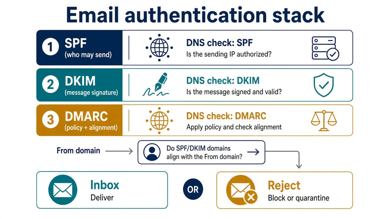 Email authentication stack diagram showing SPF, DKIM, DMARC and From-domain alignment leading to inbox or reject