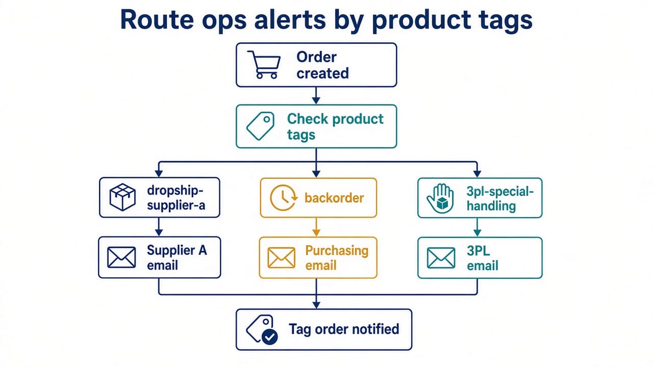 Schéma de routage des alertes ops : commande créée, contrôle des tags produit, branches email fournisseur achats ou logisticien, puis tag commande notifiée